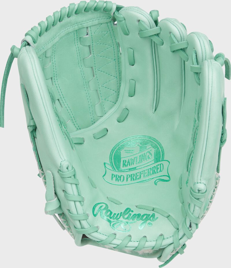 Palm of a mint Rawlings Pro Preferred 12-Inch Infield/Pitcher's Glove with mint stamping and laces