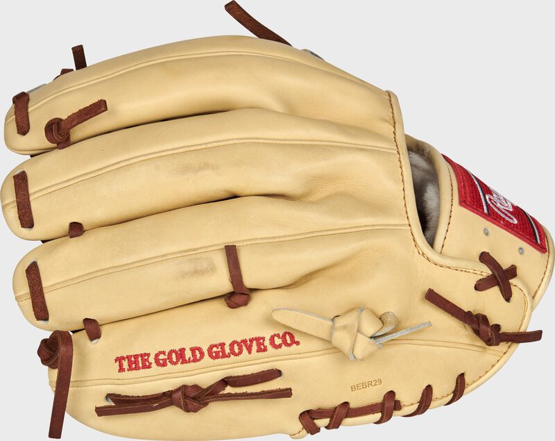 Back of a camel Pro Preferred Modified Trap-Eze web glove with red embroidery on the pinky - SKU: PROS15TCPRO