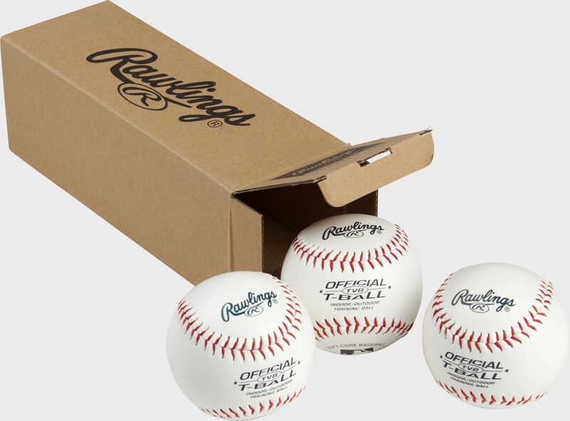 3 Rawlings practice balls in front of an open box - SKU: RSGTVBPK3