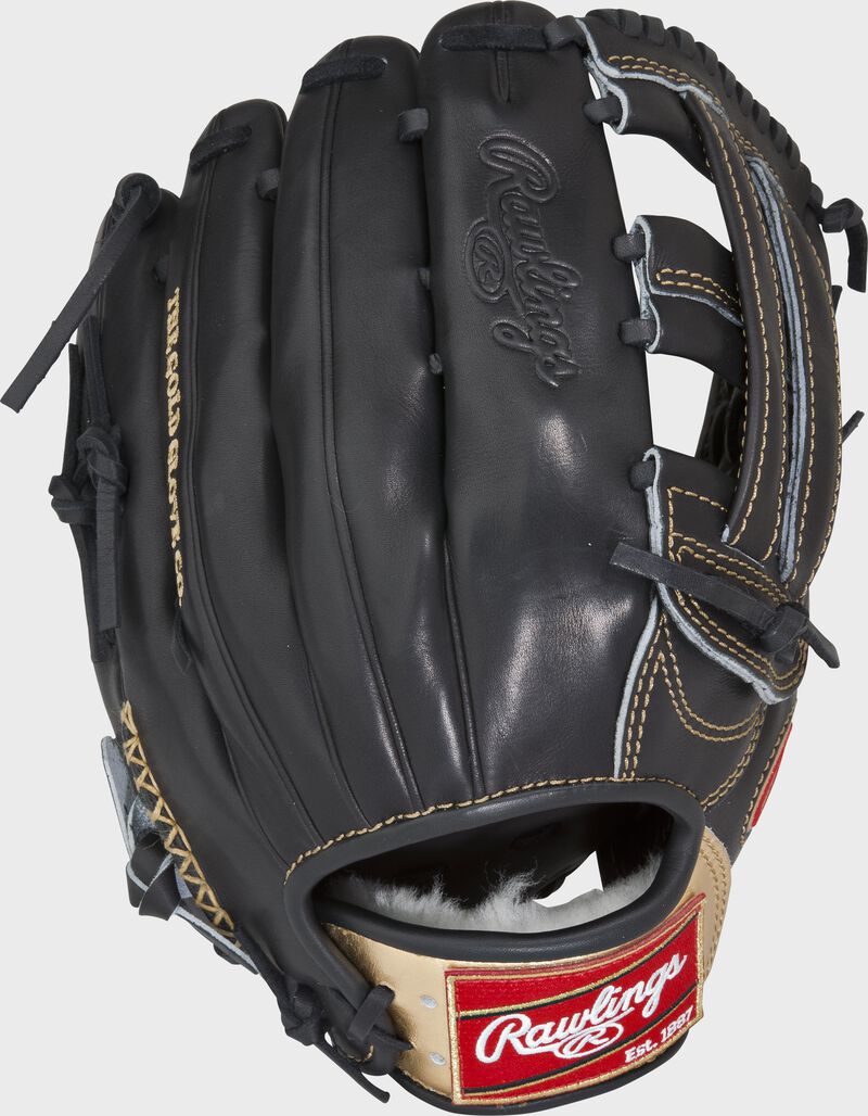 RGG303-6B 12.75-inch Gold Glove Series H web glove with a black back and gold wrist strap loading=