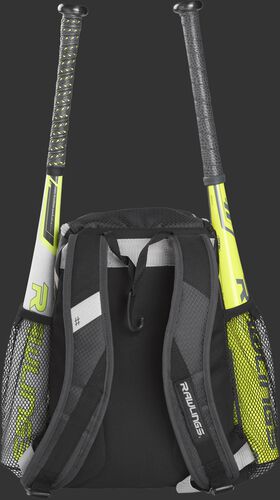Back of a black R400 Rawlings youth equipment backpack with black shoulder straps and two bats