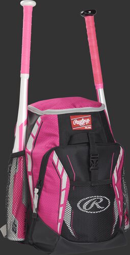 Side angle view of a pink R400 youth equipment backpack with two bats in the side bat sleeves