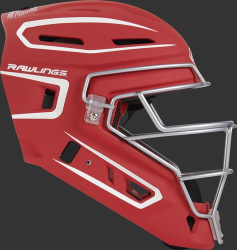 Right side of a scarlet CHV27J Velo 2.0 youth size catcher's helmet