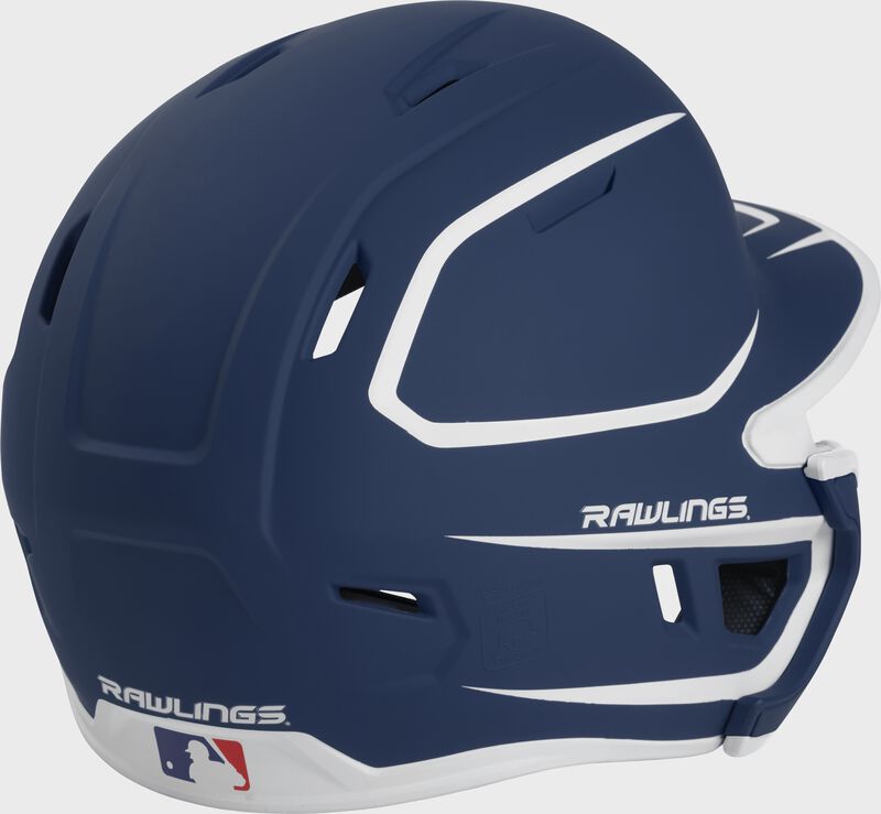 Back right of a two-tone matte navy/white MACHEXTR Rawlings junior size batting helmet
