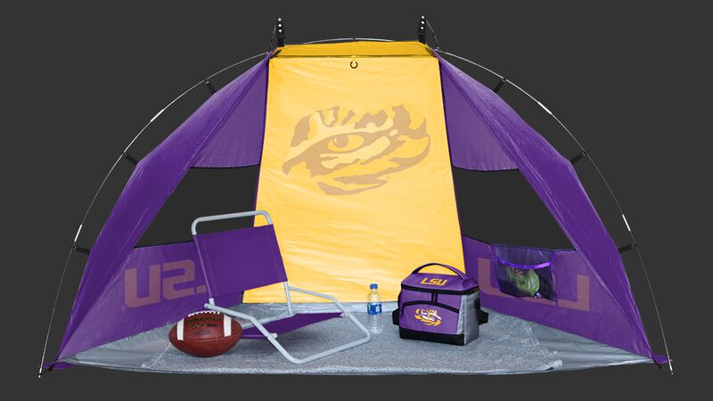 Back of a LSU Tigers sun shelter on a field with a Tigers logo in the middle - SKU: 00973035111