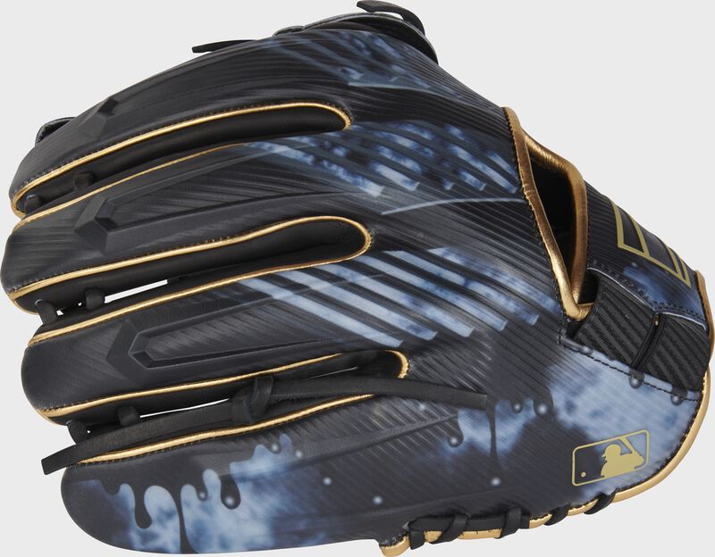 Stylized back of a REV1X 11.75" infield/pitcher's glove with the MLB logo on the pinky - SKU: REV205-9XB