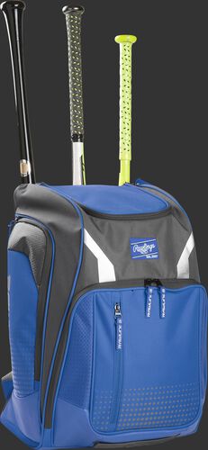 Front angle view of a Rawlings Legion bag with 3 bats in the back - SKU: LEGION-R