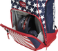 Angled view of red, white, and blue Rawlings Legion Backpack with helmet inside - SKU: LEGION image number null