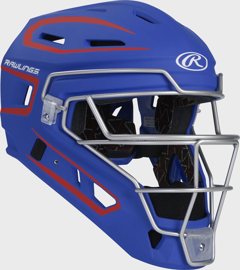 Front right-side view of Rawlings Velo 2.0 Catcher's Helmet - SKU: CHV27