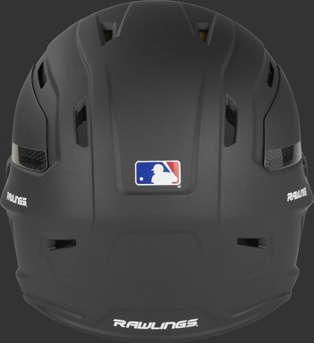 Back of a matte black CAR07A Rawlings adult batting helmet with the Official Batting Helmet of MLB logo