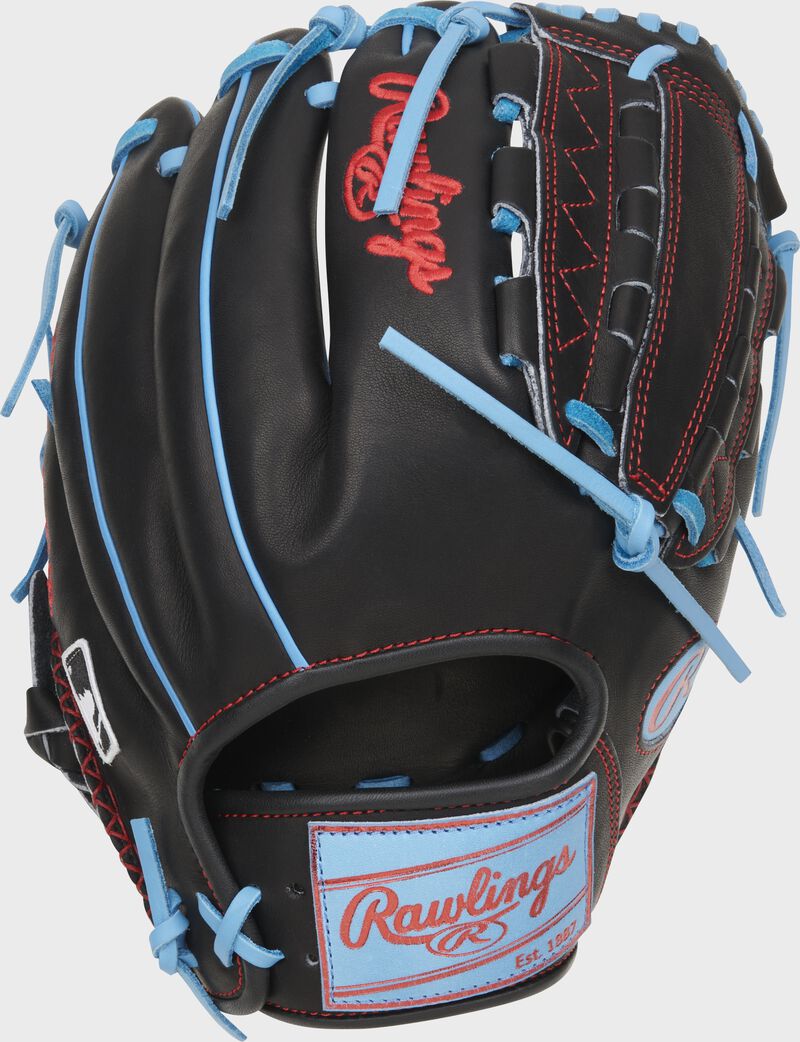 Back of a black ColorSync 8.0 Heart of the Hide infield/pitcher's glove with a Columbia blue/red leather patch - SKU: PRO205-12BCB