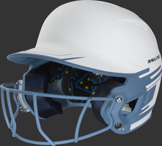 Front left of a white/columbia blue Mach softball helmet with a columbia blue mask - SKU: MSB13S-W/CB