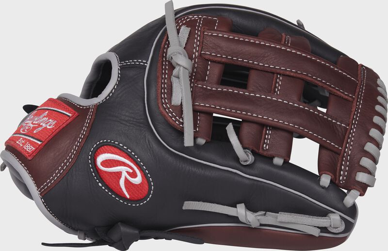 Thumb view of a black R9315-6BSG R9 Series 11.75-inch infield glove with dark sherry trim and a dark sherry H web loading=