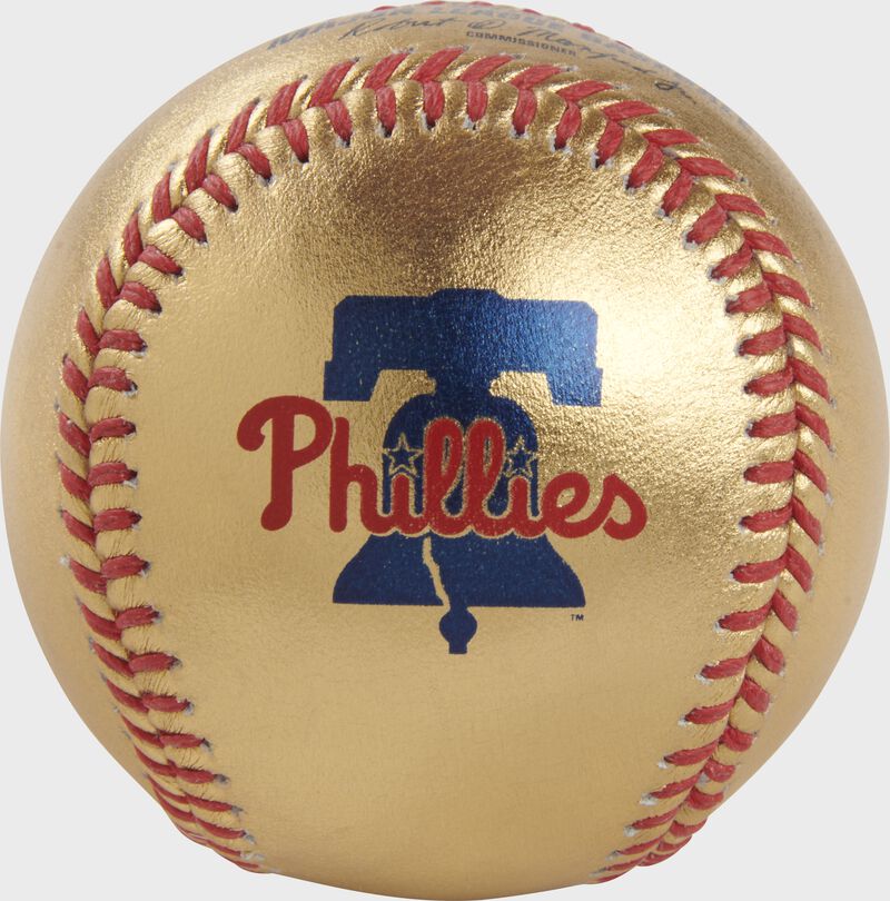 Phillies logo on a gold MLB baseball with red stitches - SKU: RSGEA-GOLDPHI-R loading=