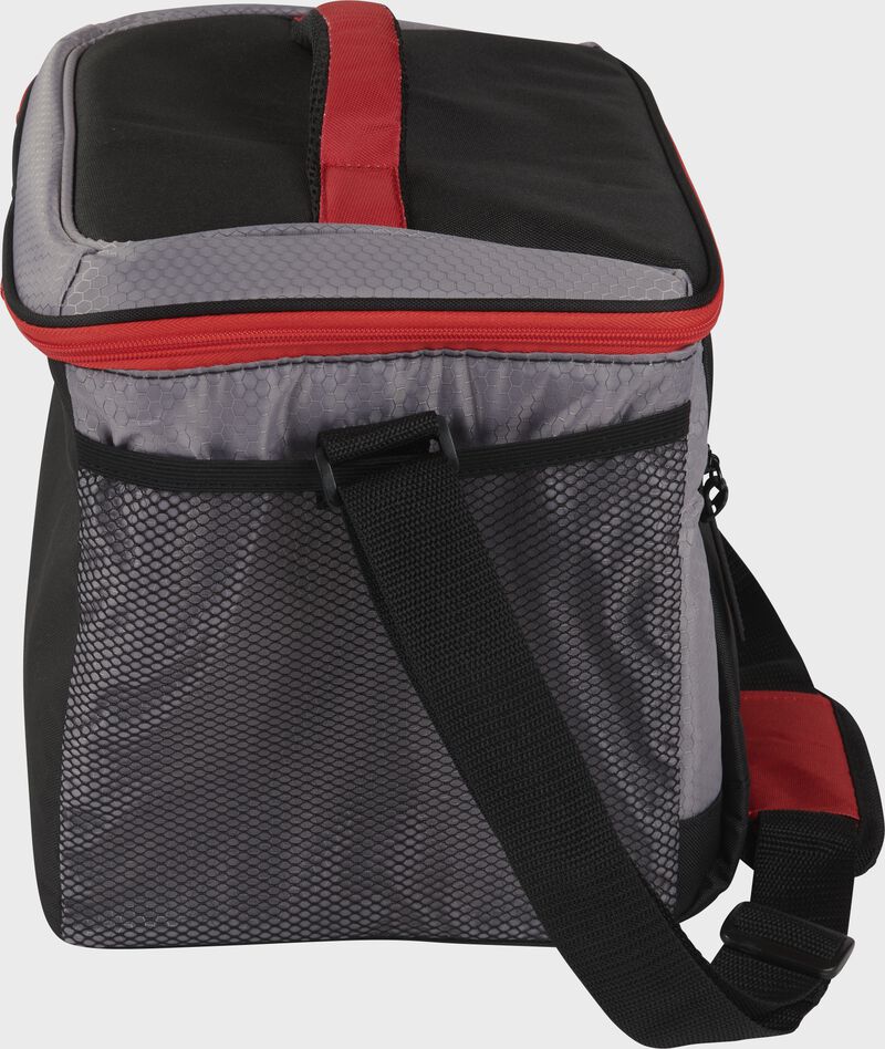 Side of a black Rawlings 24 can soft cooler with a shoulder strap and mesh pocket on the side - SKU: 10224043511
