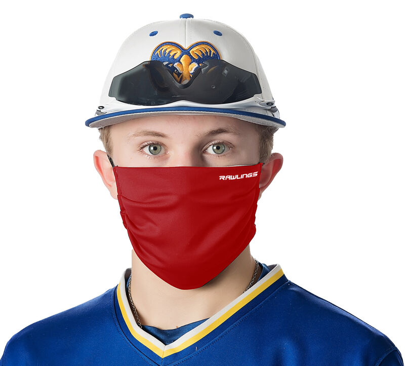 A player wearing a red Rawlings performance wear sports mask - SKU: RMSK-RED