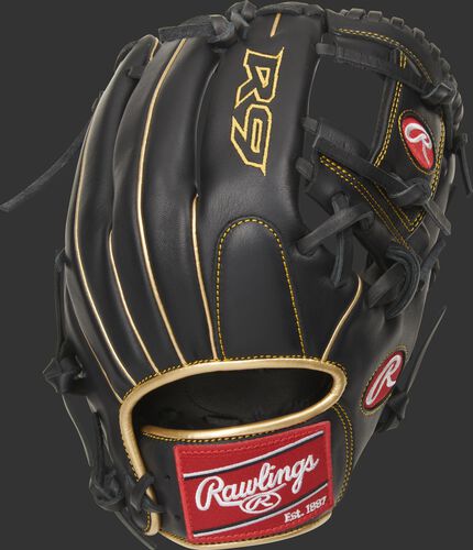 Black back of a R9 series I-web infield glove with gold welting and red Rawlings patch - SKU: R9204-2BG