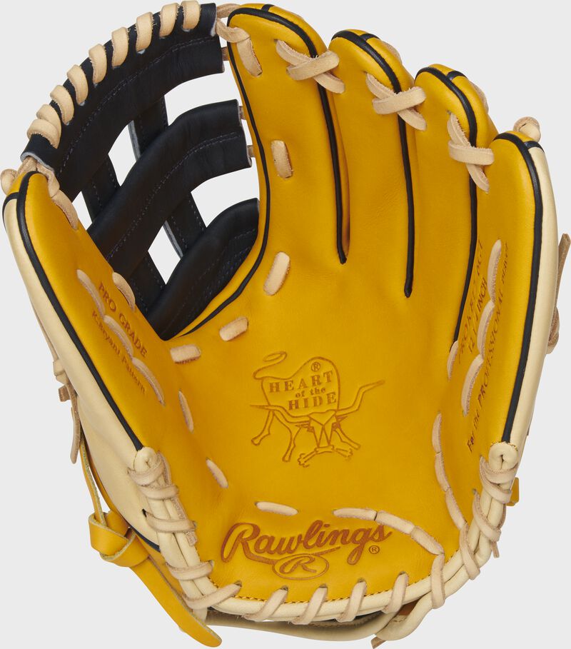 PROKB17-6GT Rawlings Heart of the Hide infield glove with a gold tan palm, navy web and camel laces