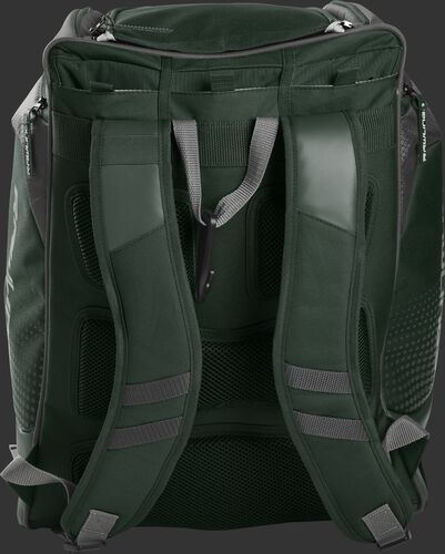 Back of a dark green Rawlings Legion backpack with dark green shoulder straps - SKU: LEGION-DG