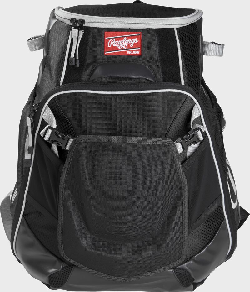 Front of a black VELOBK Velo backpack with black trim and a red Rawlings patch