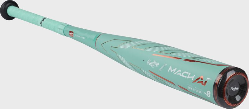 Front angle view of a mint Mach AI USSSA bat with a black end cap - SKU: RUT4MC