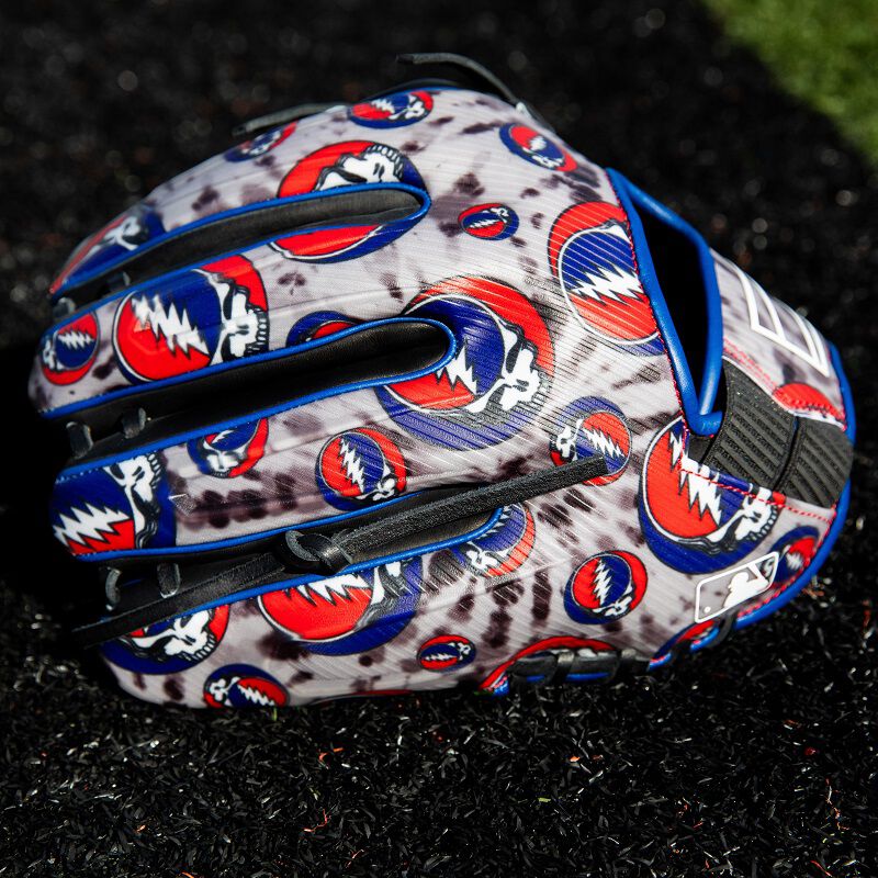 Studio picture of the back of a Rawlings Grateful Dead Steal Your Face REV1X infield glove
