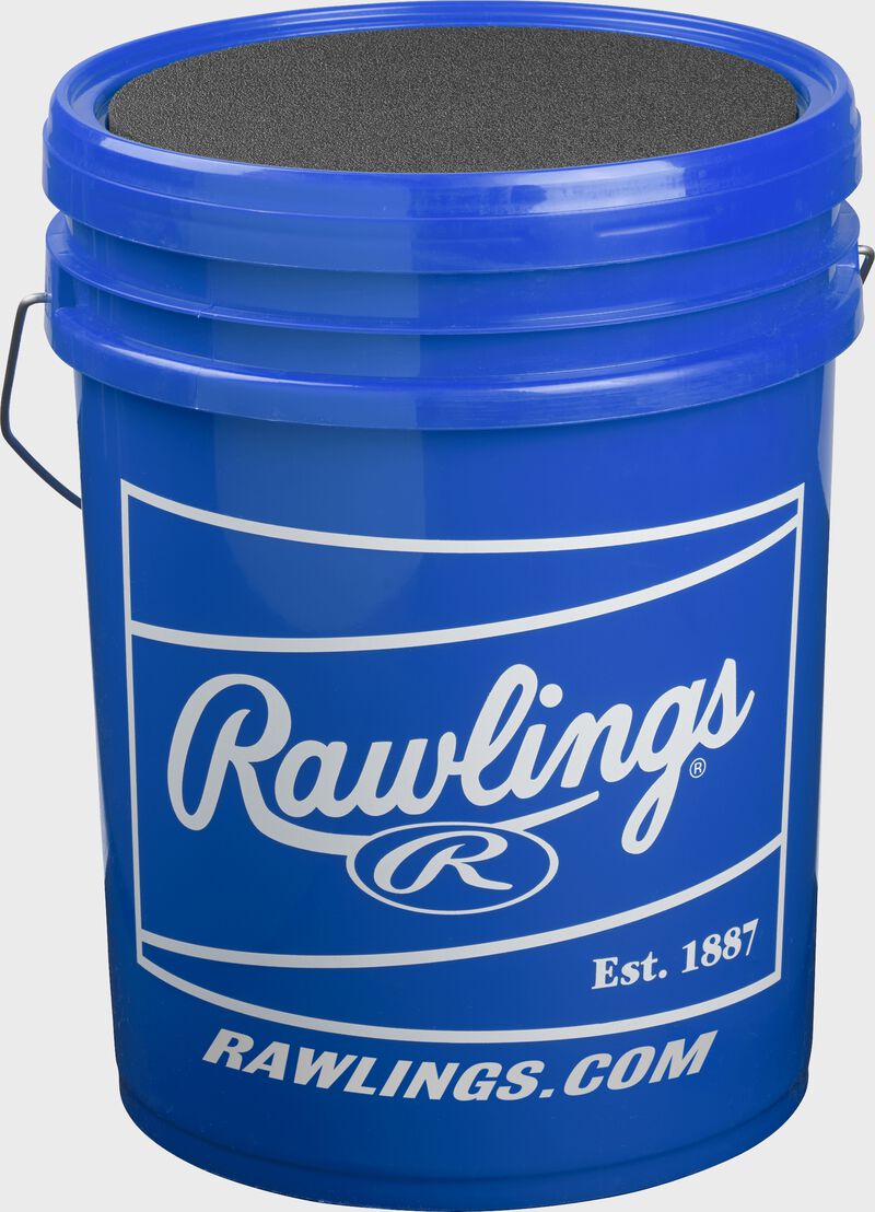 White patch printed on a blue R100UPYBUCK30 youth Ultimate Practice baseball bucket