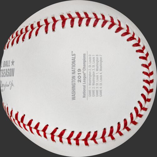 The scores from all for games of the 2019 NLCS stamped on a NLCS19CHMP National League Champions baseball
