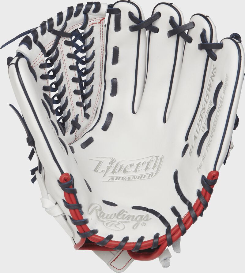 Shell palm view of white, navy, and scarlet Liberty Advanced 12.5-in Fastpitch Finger Shift outfield glove