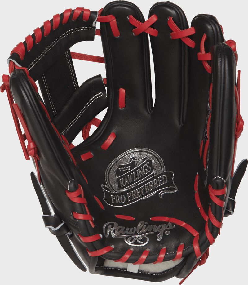PROSFL12 Francisco Lindor Game Day pattern baseball glove with a black palm and scarlet laces