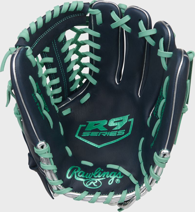Navy palm of a R9 Series 11.75-Inch Baseball Glove with mint stamping and laces