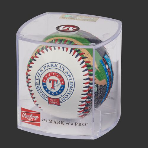 MLB Texas Rangers stadium baseball in a display case