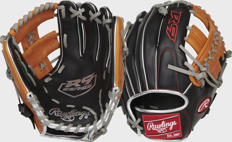 Front and Back of a Rawlings R9 ContoUR 11" infield glove - SKU: R9110U-19BT loading=