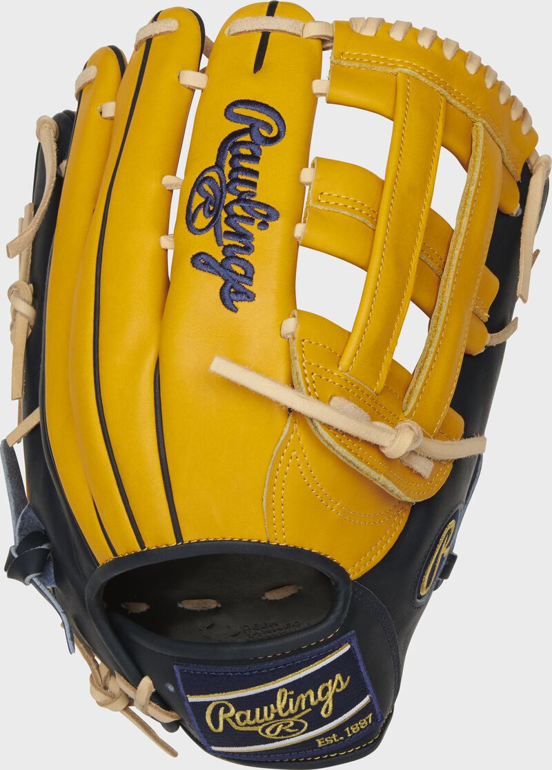 PROBH3-6GT Rawlings 12.75-Inch Heart of the Hide H-web glove with a gold tan back and navy Rawlings patch