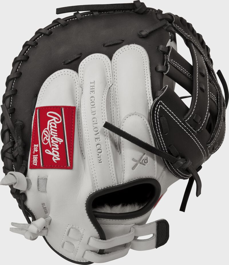 RLACM33 33-inch Liberty Advanced fastpitch catcher's mitt with a white back, black trim and Pull-Strap design