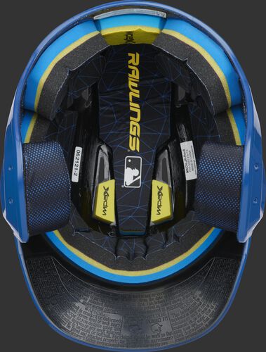 Inside of a Rawlings MACH baseball helmet with IMPAX durable foam padding