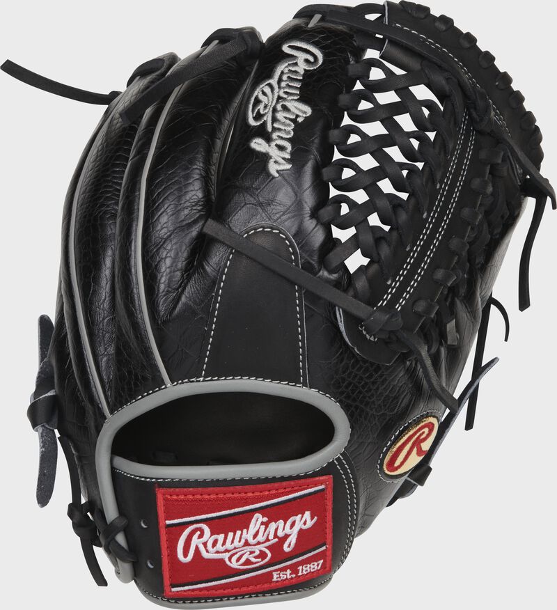 Black croc embossed back of a Dallas Keuchel Heart of the Hide glove with a black Modified Trap-Eze web - SKU: RSGPRO206-DK60