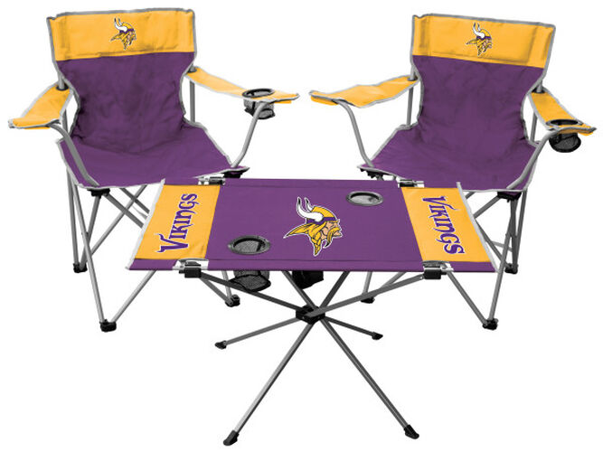 Front of Rawlings Purple and Yellow NFL Minnesota Vikings 3-Piece Tailgate Kit With Two Kickoff Chairs, An Endzone Table, And A Transport Bag With Team Logo SKU #01041075511