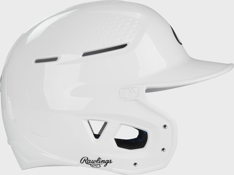 Right side of a white Rawlings RX2 gloss baseball batting helmet loading=