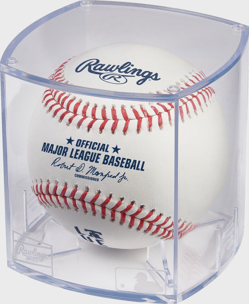 A 2024 Philadelphia Phillies City Connect ball in a clear display cube