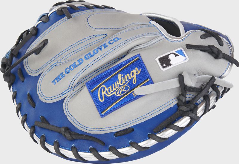 Gray back of a HOH R2G 33" catcher's mitt with a royal Rawlings patch and MLB logo on the pinky - SKU: RSGPRORCM33GR loading=