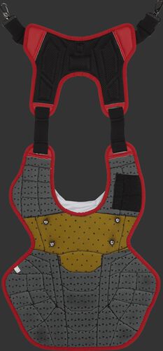 Back of a scarlet/white CPV2N intermediate Ralwings Velo 2.0 chest protector with yellow backing for NOCSAE Certified