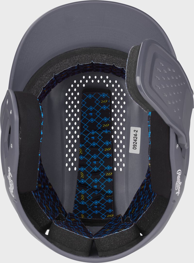 Inside padding of a graphite Rawlings RX2 Reverse batting helmet