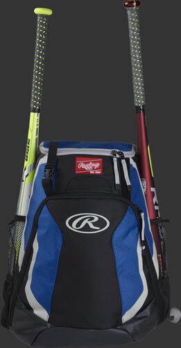 A black/royal R500 Rawlings equipment backpack with a bat on each side