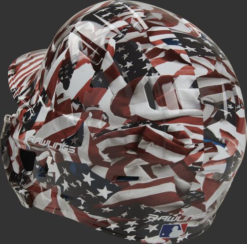 Back left of a MACHEXTR-DCMO Rawlings Mach EXT hydro dipped baseball helmet for right hand batters