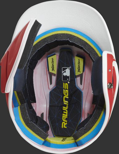 Inside of a MACHEXTR Rawlings MACH baseball helmet with IMPAX durable foam padding