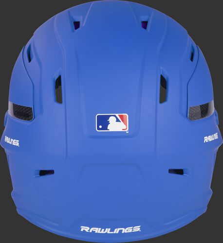 Back of a matte royal CAR07A Rawlings batting helmet with the Official Batting helmet of MLB logo