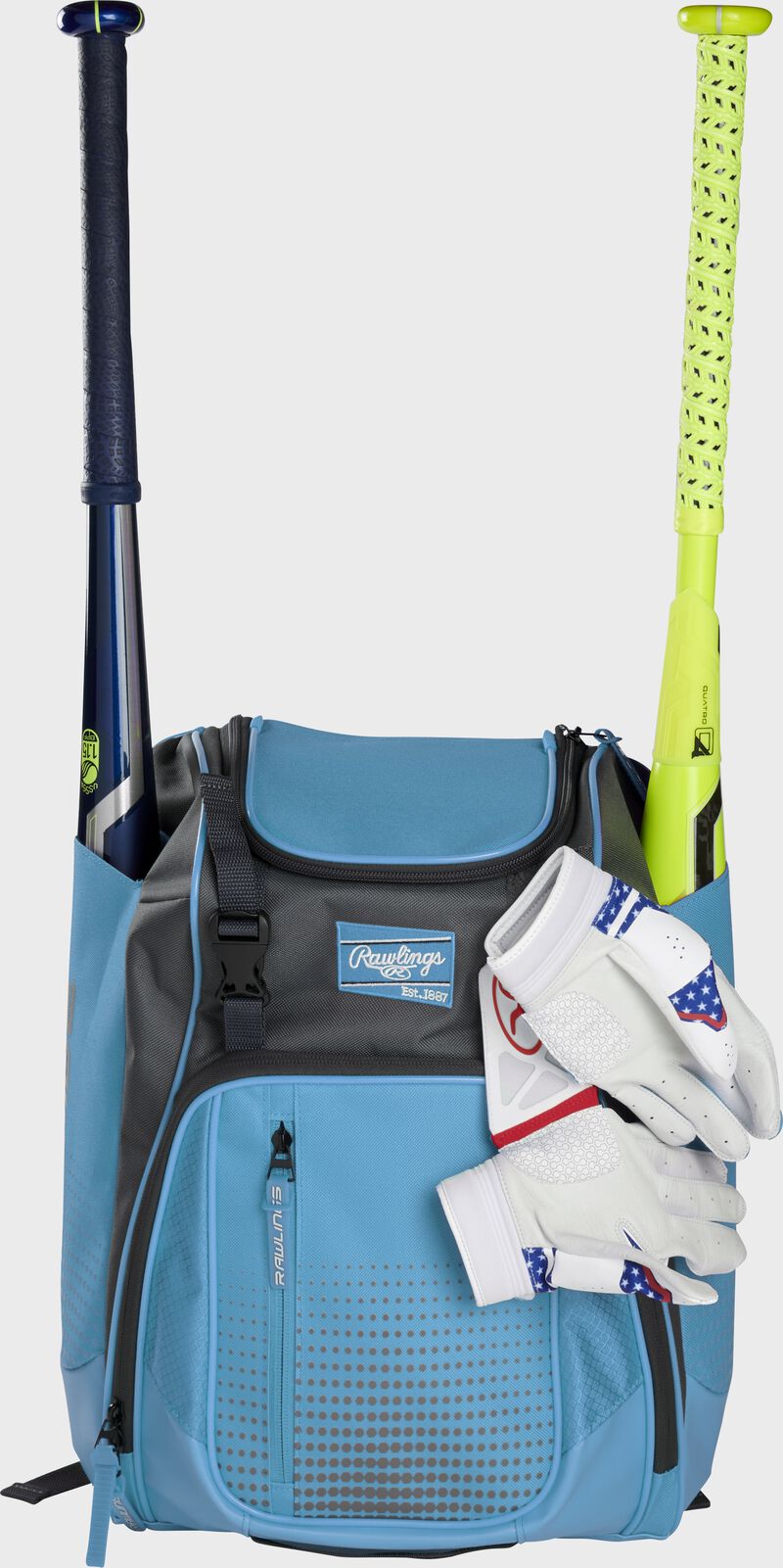 A Columbia blue Franchise backpack with two bats in the sides and batting gloves on the front Velcro strap - SKU: FRANBP-CB