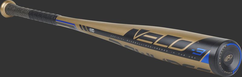 3/4 angle view of a BB9V3 -3 BBCOR Velo bat with a gold barrel and black/blue accents