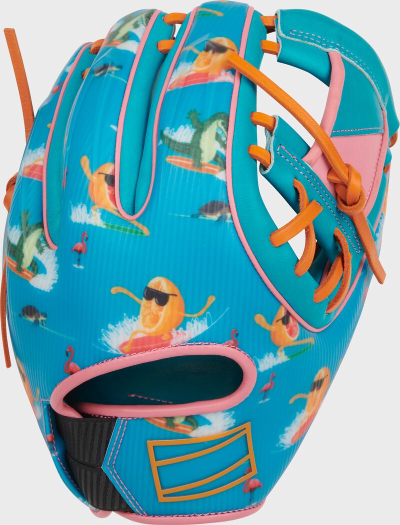 Back of a teal Rawlings 11.75-Inch REV1X Florida Spring Training Glove